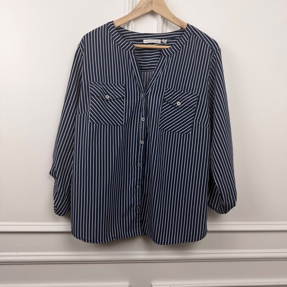 Notations Tops - Notations Womens Navy Blue White Striped Roll Tab Sleeve Blouse XL MSTB1404